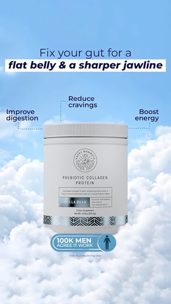 A vertical ad creative for prebiotic collagen protein using a clean, sky-themed background and direct benefit-focused callouts to drive product value.